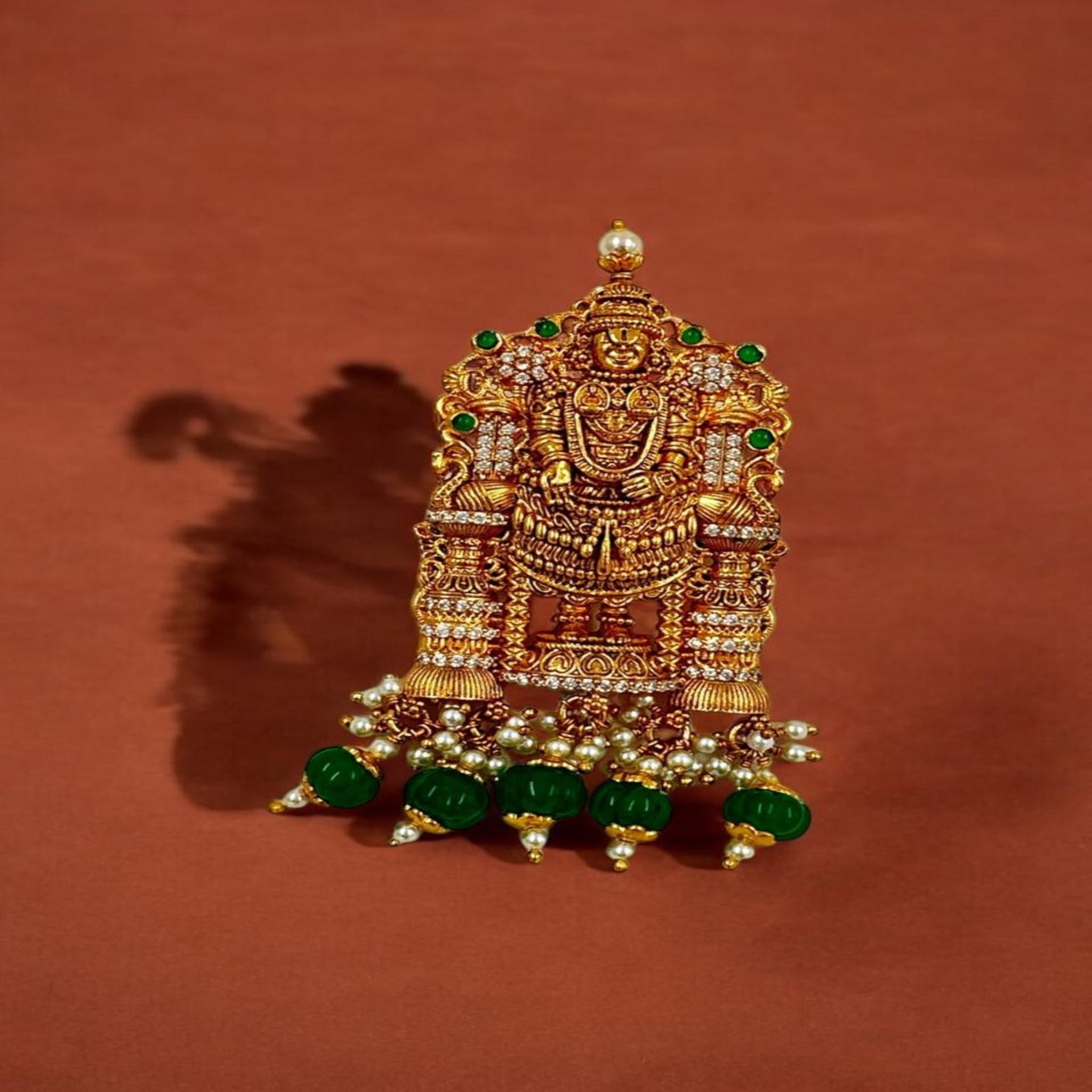 Antique Balaji Pendant 92.5 Silver Balaji  Cz Emeral With Antique Finishing Gold Polish