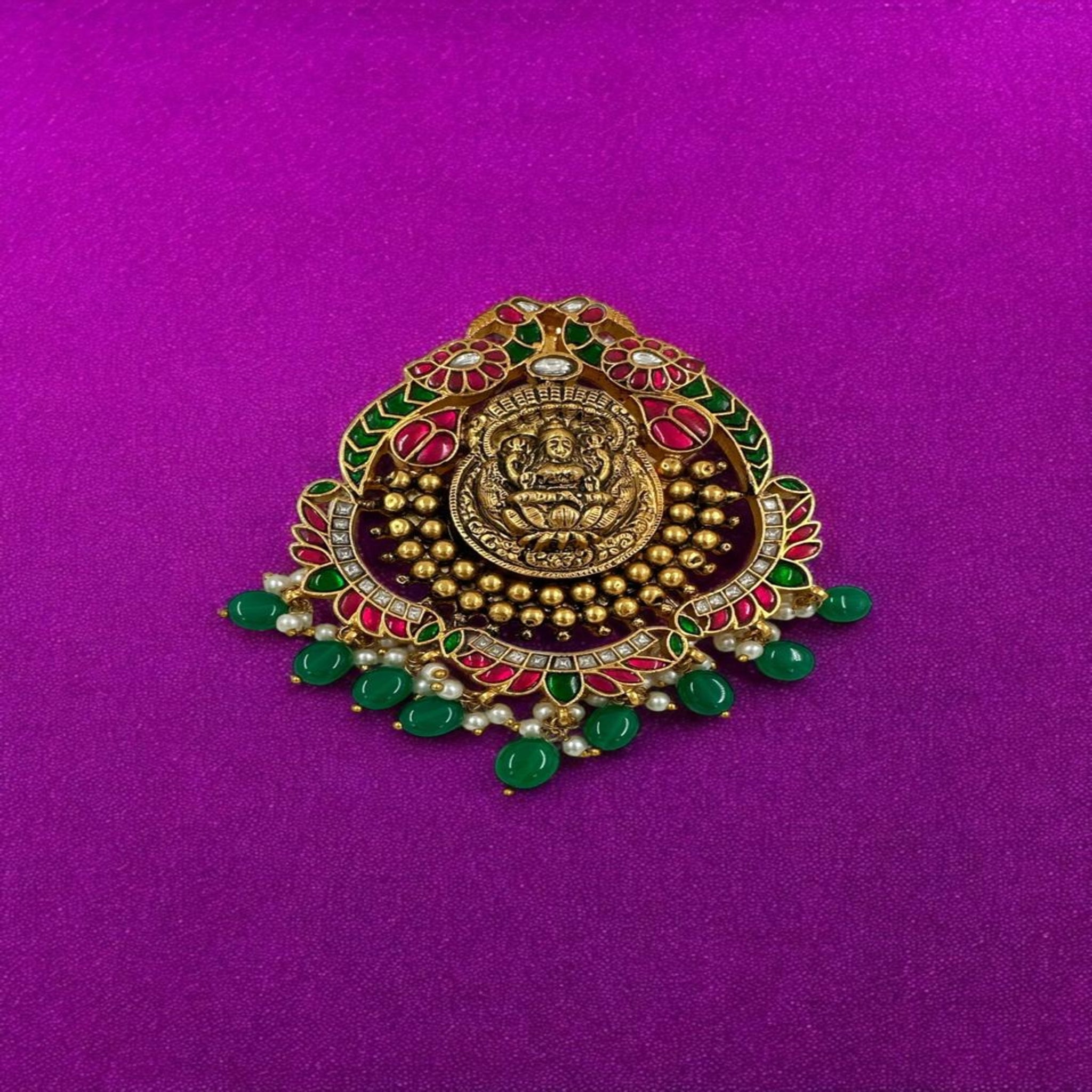 Antique Laxmi Pendant 92.5 Silver Laxmi Design Ruby Emerals With Gold Polish