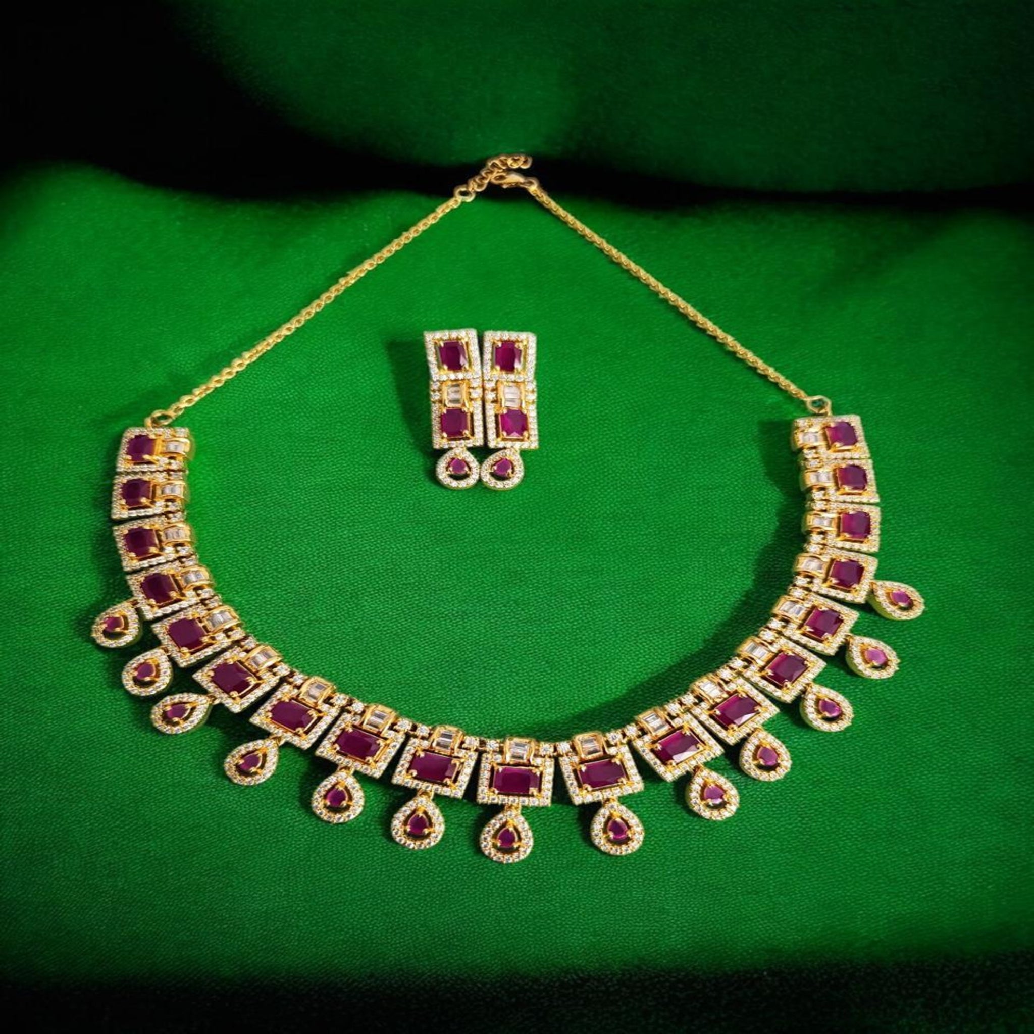 Necklace Set with Ruby Cz Stone With Gold Polish