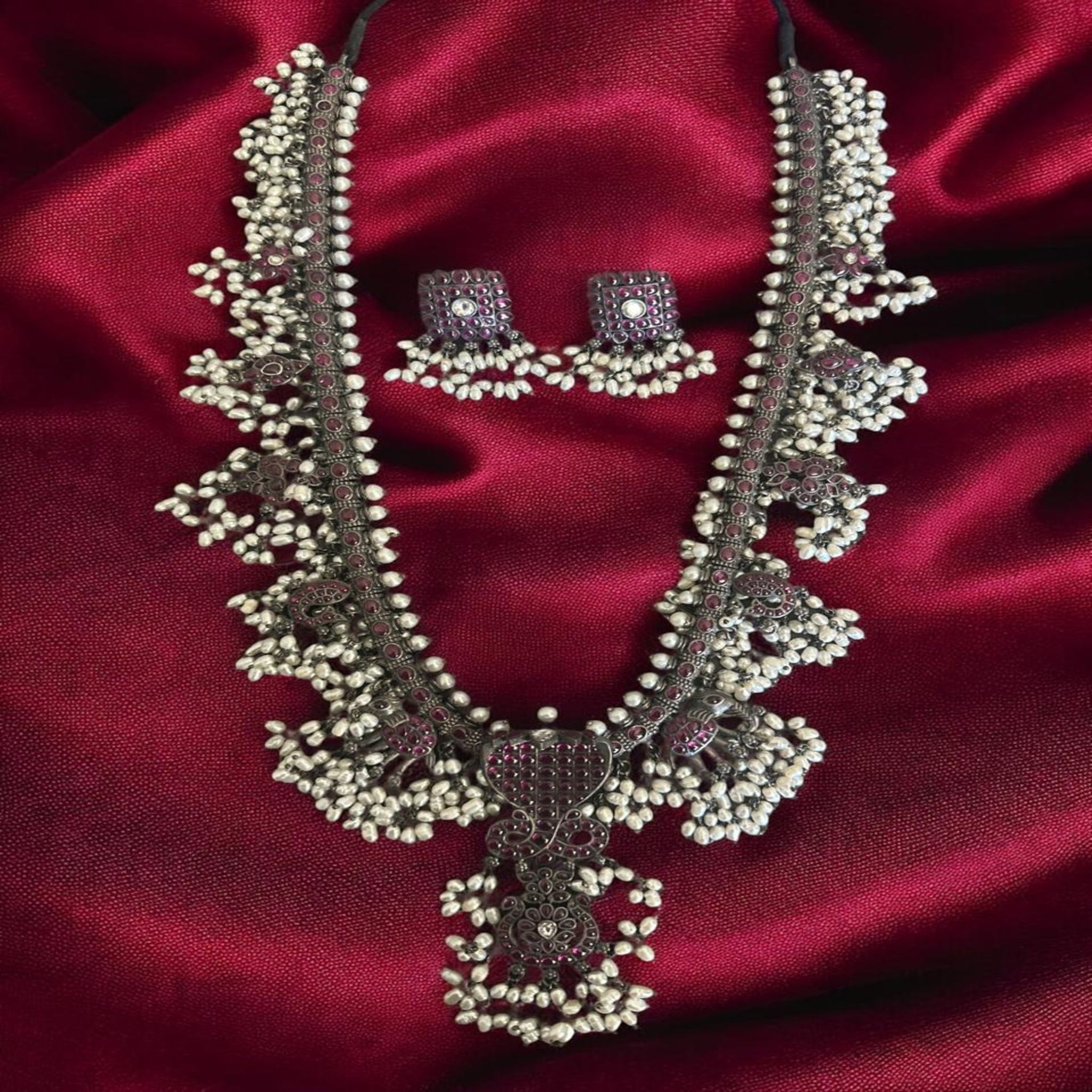 Oxidised Guttapusala Haram with Rice Pearls
